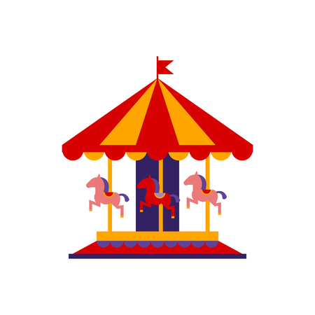 Classic Carousel With Horses Primitive Colorful Style Flat Isolated Vector Icon On White Backgrounのイラスト素材