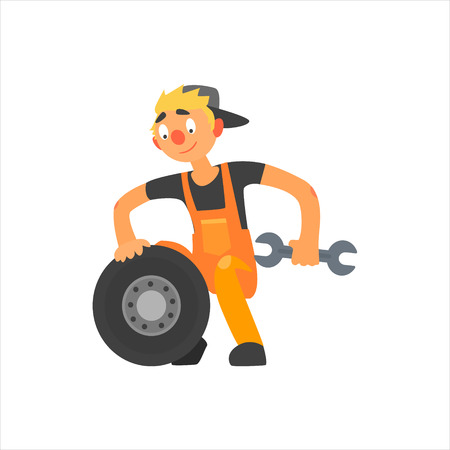 Profession Car Mechanic  Primitive Cartoon Style Isolated Flat Vector Illustration On White Backgroundのイラスト素材