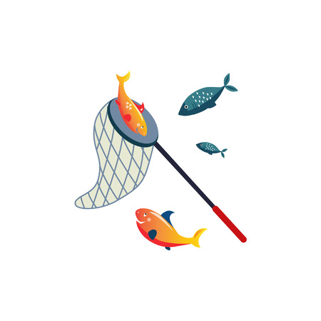 Fishing Net On Stick And Fish Cartoon Simple Style Colorful Isolated Flat Vector Illustration On White Backgroundのイラスト素材