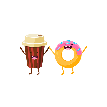 Coffee And Doughnut Cartoon Friends Colorful Funny Flat Vector Isolated Illustration On White Backgroundのイラスト素材