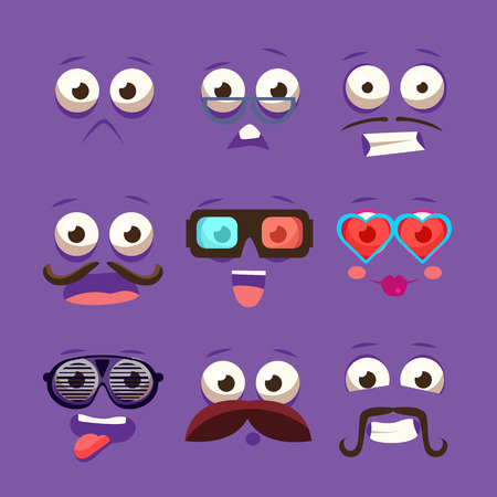 Facial Design Elements Set Of Funny Primitive Cartoon Vector Design Flat Stickes On Violet Backgroundのイラスト素材