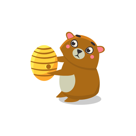Brown Bear Holding Beehive Flat Primitive Geometric Design Vector Icon Isolated On White Backgroundのイラスト素材