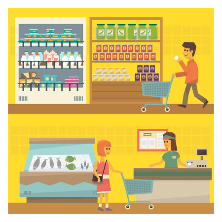 Grocery Shop Two Flat Vector Simple Design Illustrations One On Top Of Anotherのイラスト素材