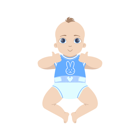 Baby In Blue Showing Thumbs Up Flat Simple Cute Style Cartoon Design Vector Illustration Isolated On White Backgroundのイラスト素材