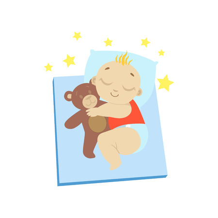 Baby In Red Sleeping With Teddy Bear Flat Simple Cute Style Cartoon Design Vector Illustration Isolated On White Backgroundのイラスト素材