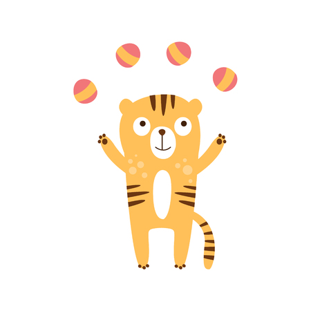 Tiger Juggling With Four Balls Creative Funny And Cute Flat Design Vector Illustration In Simplified Mulicolor Style On White Backgroundのイラスト素材