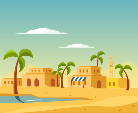 Oasis With The Town In Desert Flat Bright Color Simplified Vector Illustration In Realistic Cartoon Style Designのイラスト素材
