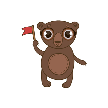 Toy Brown Bear With Flag Flat Vector Icon In Cute Girly Style Isolated On White Backgroundのイラスト素材