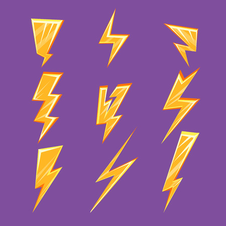Lightening Bolt Set Of Flat Simple Bright Color Design Vector Drawings Isolated On Dark Backgroundのイラスト素材