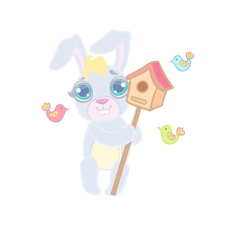 Bunny With The Bird House Illustration In Cute Girly Cartoon Style Isolated On White Backgroundのイラスト素材