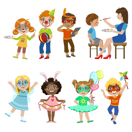 Kids With Painted Faces Set Of Bright Color Cartoon Childish Style Flat Vector Drawings Isolated On White Backgroundのイラスト素材
