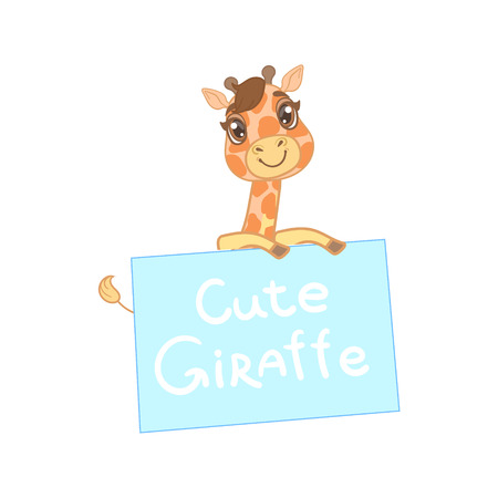 Giraffe Behind A Paper Banner Outlined Flat Vector Illustration In Cute Girly Cartoon Style Isolated On White Backgroundのイラスト素材