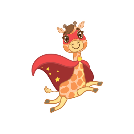 Giraffe In Superhero Costume Outlined Flat Vector Illustration In Cute Girly Cartoon Style Isolated On White Backgroundのイラスト素材