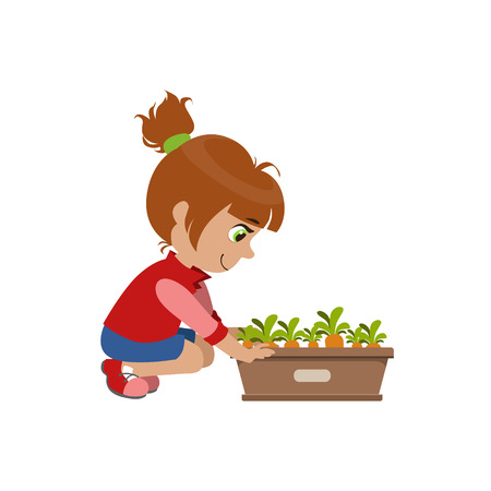 Little Girl Growing Carrots Bright Color Simple Style Flat Vector Illustrations On White Backgroundのイラスト素材