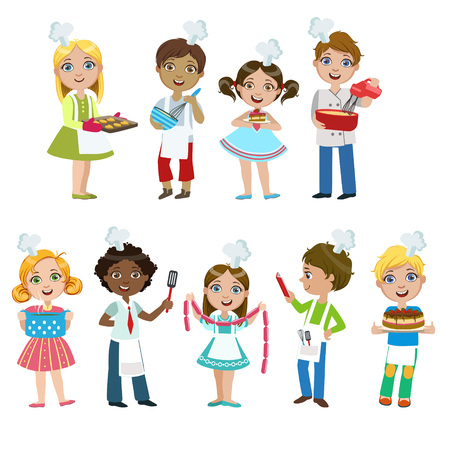 Kids On Cooking Lesson Set Of Bright Color Isolated Vector Drawings In Simple Cartoon Design On White Backgroundのイラスト素材