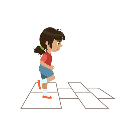 Girl Playing Hopscotch Colorful Simple Design Vector Drawing Isolated On White Backgroundのイラスト素材