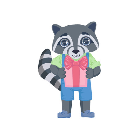 Boy Raccoon With The Present Colorful Illustration In Cute Girly Cartoon Style Isolated On White Backgroundのイラスト素材