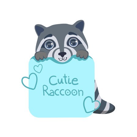 Boy Raccoon With Paper Sign Colorful Illustration In Cute Girly Cartoon Style Isolated On White Backgroundのイラスト素材