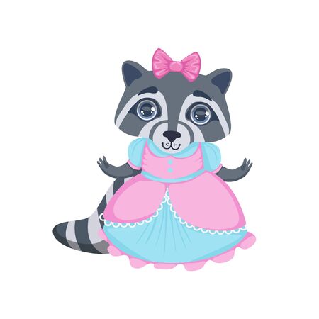 Girl Raccoon In Fancy Dress Colorful Illustration In Cute Girly Cartoon Style Isolated On White Backgroundのイラスト素材