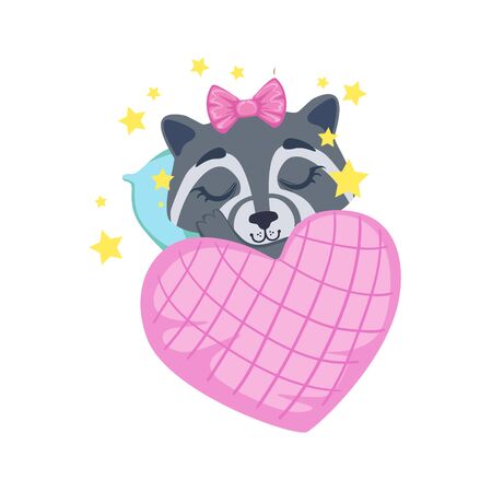 Girl Raccoon Sleeping Colorful Illustration In Cute Girly Cartoon Style Isolated On White Backgroundのイラスト素材