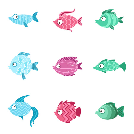 Fantastic Fish Set Of Cute Bright Color Childish Design Vector Illustrations Isolated On White Backgroundのイラスト素材