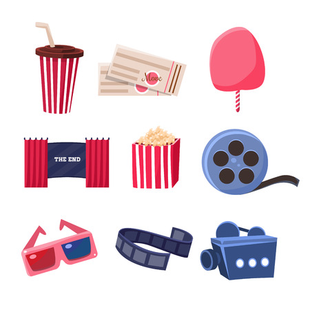 Movie Theatre Related Objects Set. Isolated Cinema Themed Items Drawings. Collection Of Vector Stickers Related To Movie Theatre.のイラスト素材