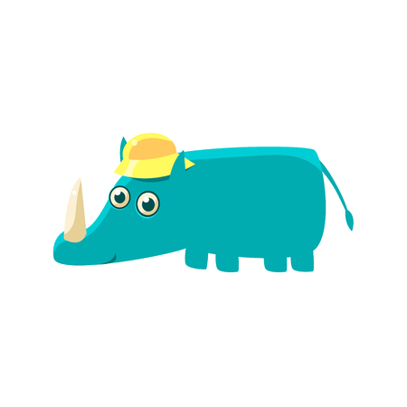 Blue Rhino In A Cap Illustration. Funny Childish Vector Rhinoceros Drawing. Flat Isolated Cartoon Animal Icon.のイラスト素材