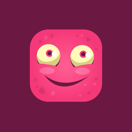 Content Pink Monster Emoji Icon. Creative Vector Emoticon Alien Monster Face. Cartoon Monster Character Square Button Drawing.のイラスト素材