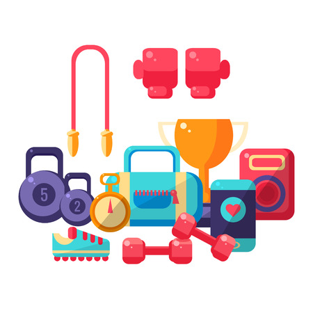 Gym Inventory Items Collection. Flat Colorful Vector Illustration With Fitness Inventory. Training Equipment Vector Illustration.のイラスト素材
