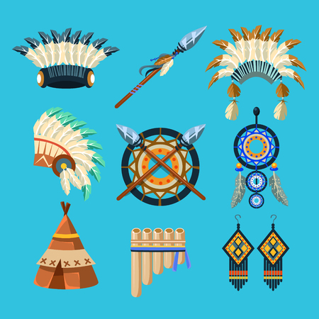 Native American Indian Culture Set Of Simple Flat Realistic Vector Illustrations On Blue Backgroundのイラスト素材