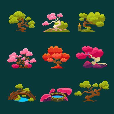 Trees In Japanese Style Set Of Isolated Bright Color Simplified Traditional Style Vector Images On Dark Backgroundのイラスト素材