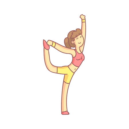 Girl Doing Standing Bow Yoga Pose Flat Outlined Pale Color Funny Drawing Isolated On White Backgroundのイラスト素材