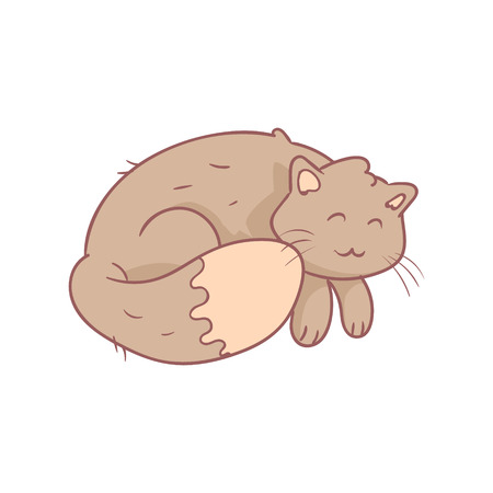Sleeping Fluffy Grey Cat Flat Outlined Pale Color Funny Hand Drawn Vector Illustration Isolated On White Backgroundのイラスト素材