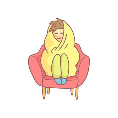 Guy Sitting In The Armchair Wrapped In Blanked Flat Outlined Pale Color Funny Hand Drawn Vector Illustration Isolated On White Backgroundのイラスト素材