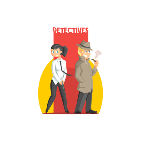 Private Detectives Couple Banner Flat Simplified Colorful Vector Illustration Isolated On White Backgroundのイラスト素材