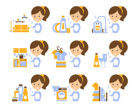 Cleaning Service Girl And Finished Tasks Set Of Illustrations In Stylized Simplified Flat Vector Cartoon Stickersのイラスト素材