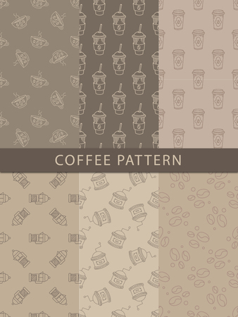 Mosaic Set Of Seamless Coffee Themed Patterns In Trendy Sketch Flat Vector Design On Brown Backgroundのイラスト素材