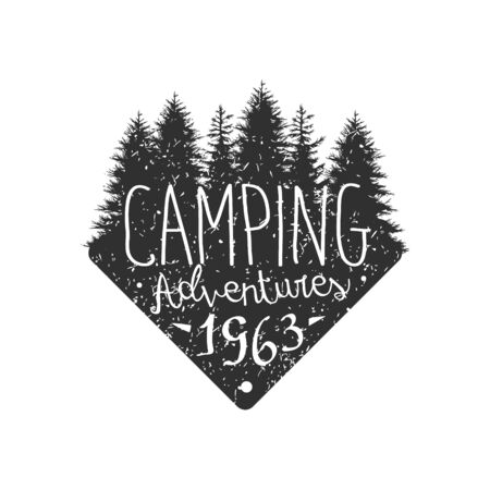 Camping Adventures Vintage Emblem Black And White Monochrome Vector Design Label On White Backgroundのイラスト素材