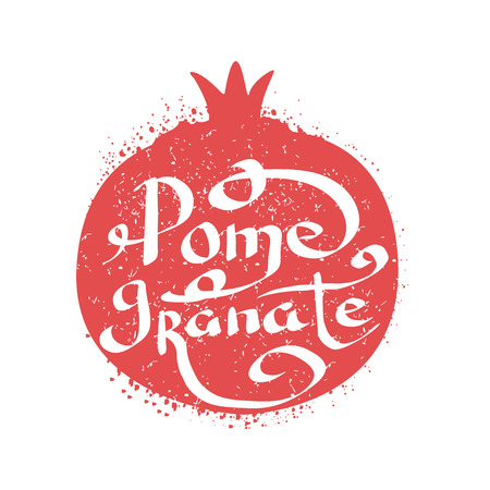 Pomegranate Name Of Fruit Written In Its Silhouette Colorful Trendy Vector Design Sticker Isolated On White Backgroundのイラスト素材