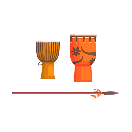 African Tom-tom And Spear Realistic Simplified Bright Color Vector Drawing Isolated On White Backgroundのイラスト素材