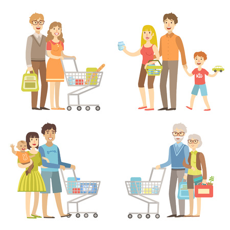 Families Grocery Shopping Together Simplified Cartoon Style Flat Vector Colorful Illustrations On White Backgroundのイラスト素材