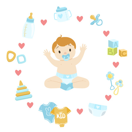 Baby Boy Surrounded With Object It Needs Flat Childish Cartoon Style Bright Color Vector Illustration On White Backgroundのイラスト素材
