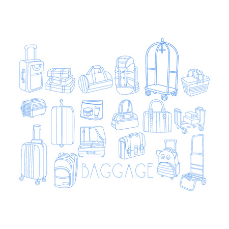 Baggage Related Object Set With Text Hand Drawn Simple Vector Illustration Is Sketch Styleのイラスト素材