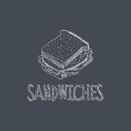 Sandwich Sketch Style Chalk On Blackboard Menu Item Vector Illustration Hand Drawn On Dark Backgroundのイラスト素材