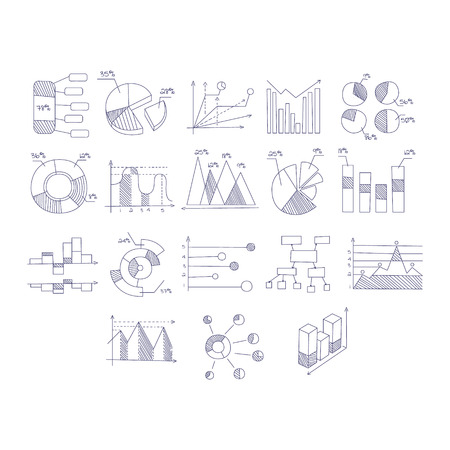 Different Type Of Hand Drawn Charts Set Of Sketch Style Monochrome Vector Icons On White Backgroundのイラスト素材