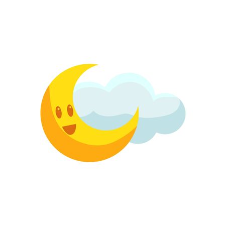 Happy Crescent And Cloud Cute Childish Style Bright Color Design Icon Isolated On White Backgroundのイラスト素材
