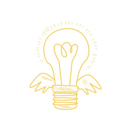 Winged Electric Idea Bulb Funny Hand Drawn Childish Illustration In Funny Comic Style On White Backgroundのイラスト素材