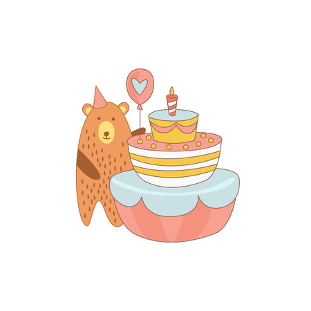 Bear And A Giant Birthday Cake Light Color Flat Cute Illustration In Childish Outlined Vector Designのイラスト素材