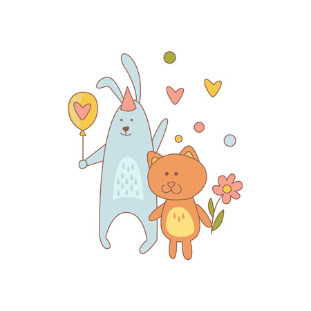 Cat And Rabbit Characters On Birthday Party Light Color Flat Cute Illustration In Childish Outlined Vector Designのイラスト素材