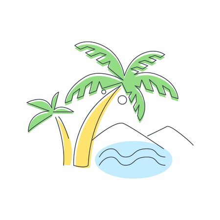 Beach, Mountain And Palm Trees Light Color Flat Cute Illustration In Simplified Outlined Vector Designのイラスト素材